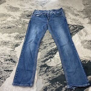 Cedar Rose Y2K Jeans Flared 33x34 Blue Denim Mid Rise Thick Stitch Bootcut Leg